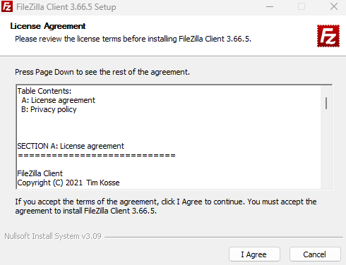 FileZila 약관 동의