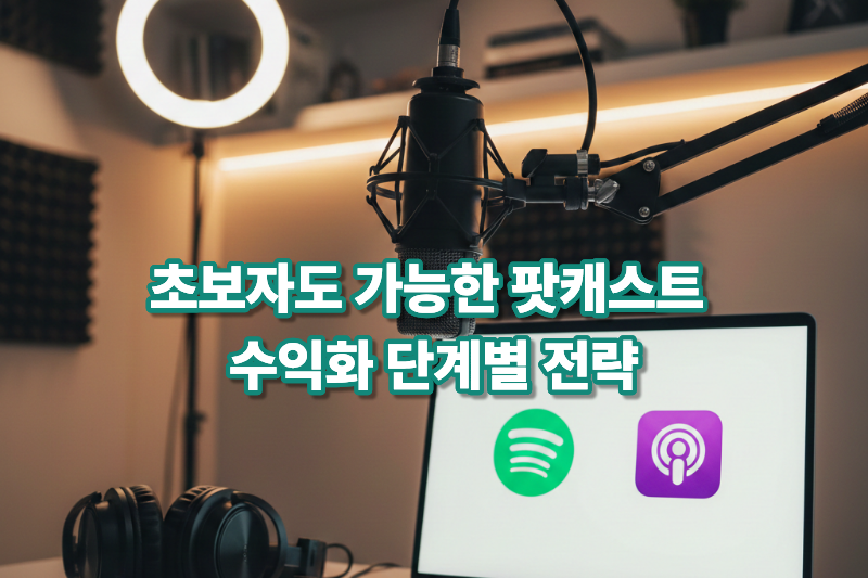 팟캐스트 수익화 전략을 상징하는 방송용 마이크와 노트북 작업 이미지