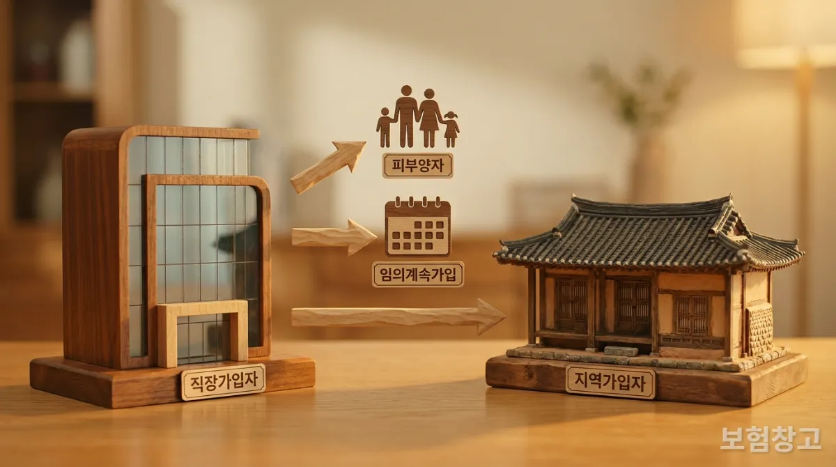 직장 퇴사 후 건강보험 자격 변동(피부양자, 임의계속가입, 지역가입)을 나타내는 인포그래픽