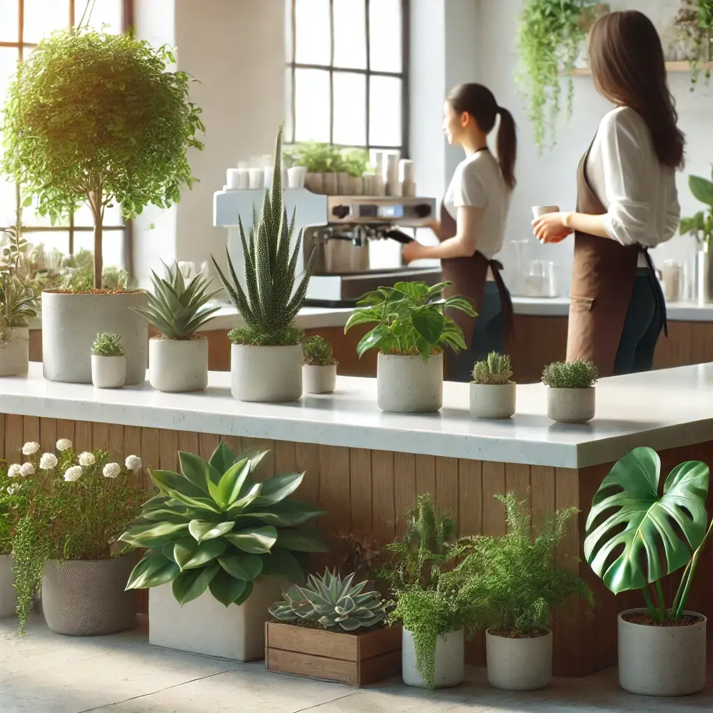 카페 계산대 위에 배치된 작은 다육식물과 깔끔한 인테리어.