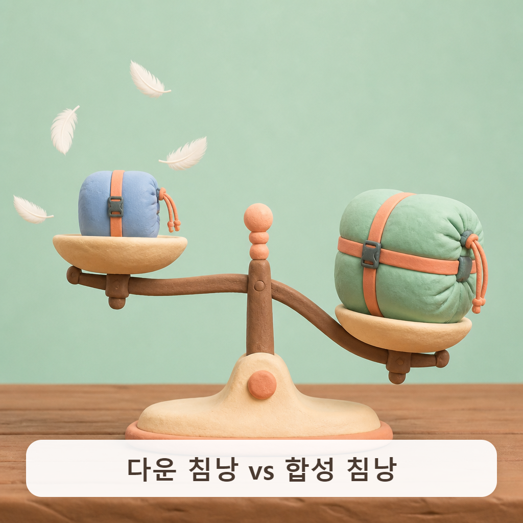 가벼운 다운 침낭과 도톰한 합성 솜 침낭을 저울 양쪽에 올린 모습