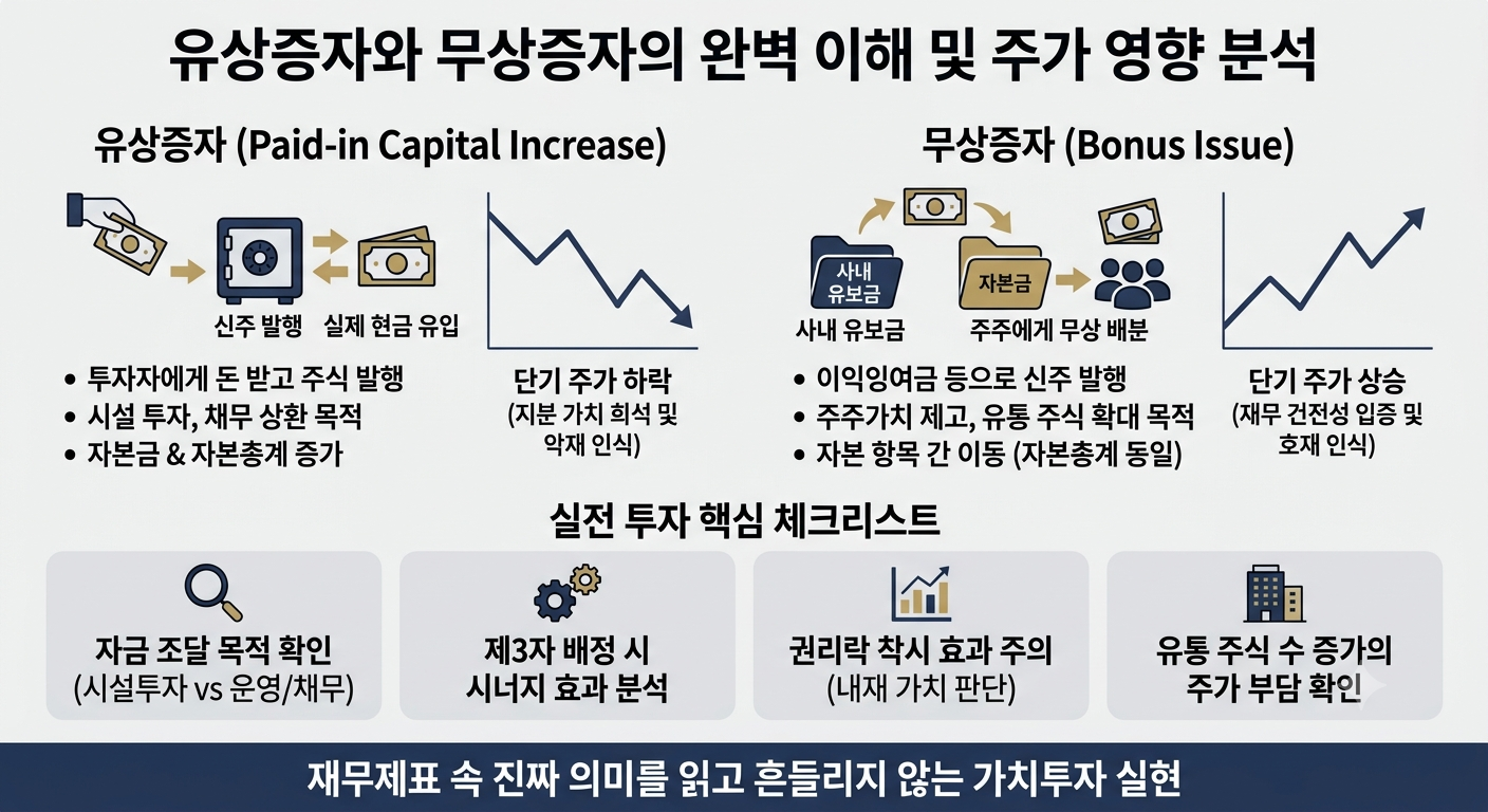 유상증자와 무상증자의 뜻, 재무 구조 변화 및 주가 영향 비교 인포그래픽