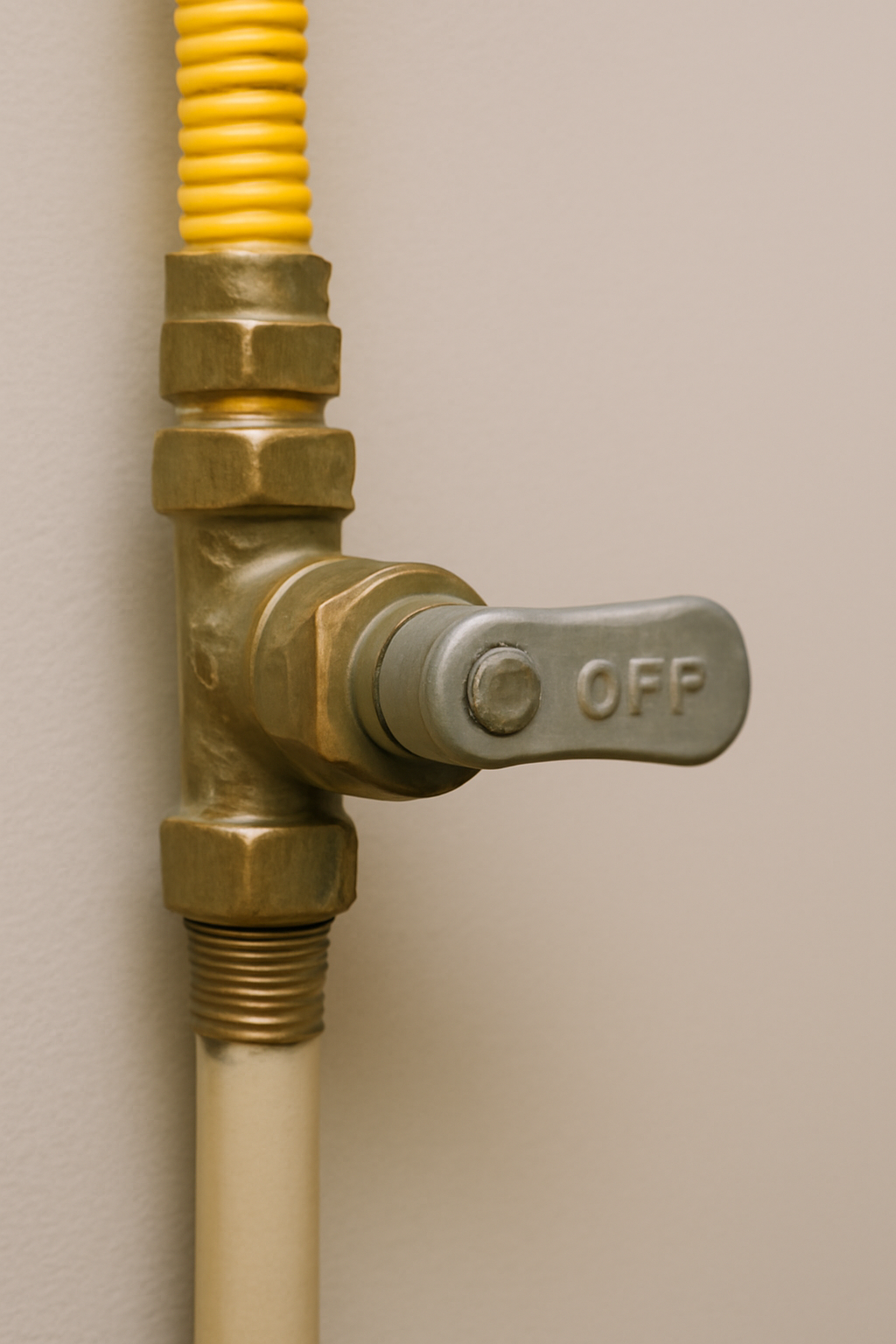 가스 밸브 'OFF' 상태 클로즈업, 노란색 호스 포함