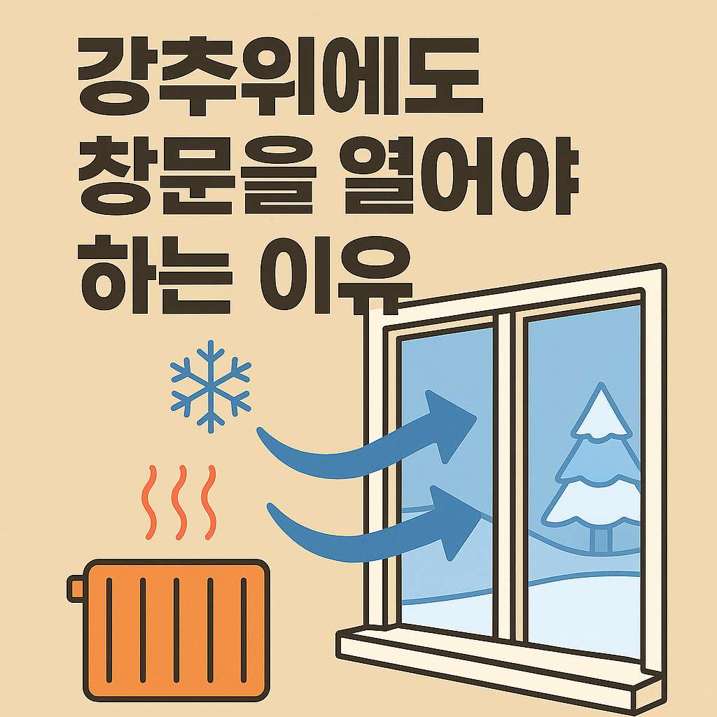 “겨울 난방 중에도 환기가 필요한 이유를 설명하는 인포그래픽 형태의 썸네일 이미지로, 창문에서 들어오는 공기 흐름과 난방기, 눈송이 아이콘이 포함된 건강·환경 정보용 그래픽”
