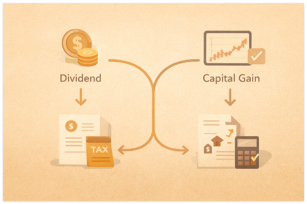 배당소득과 양도차익 세금 구조를 비교한 인포그래픽 일러스트