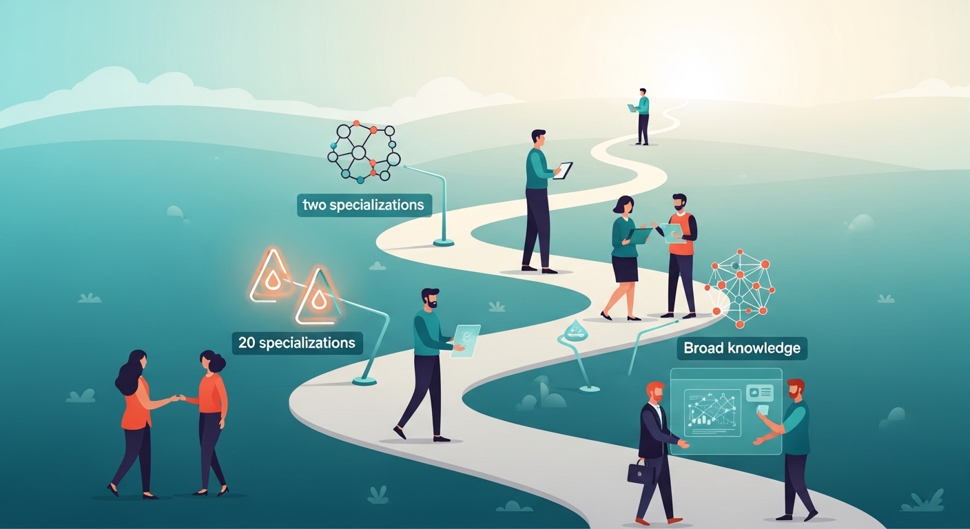 두 가지 전문성과 폭넓은 융합적 지식을 향해 나아가는 파이(π)형 인재의 성장 로드맵을 시각적으로 표현한 그림. 다양한 사람들이 학습하며 목표를 향해 나아가고 있다.