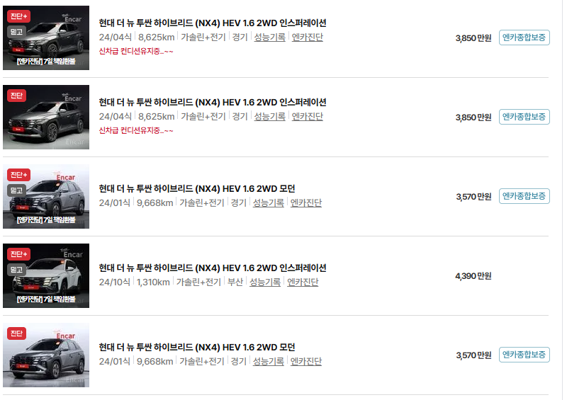 현대 투싼 중고차 가격 시세표 유지비