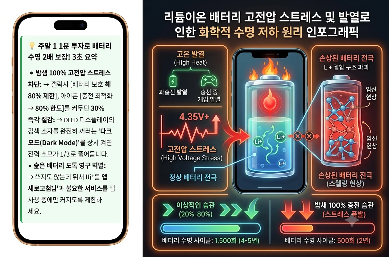 리튬이온 배터리 100퍼센트 과충전 고전압 스트레스 및 배터리 수명 저하 원인 인포그래픽