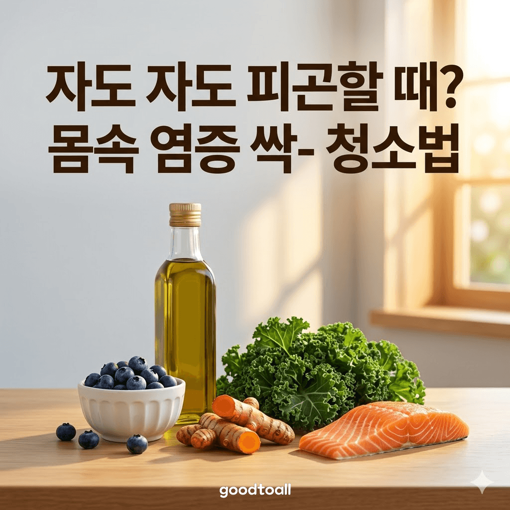 "밝은 햇살이 비치는 나무 탁자 위에 놓인 올리브유, 블루베리, 강황, 케일, 연어 등 만성 염증 완화에 좋은 항염 슈퍼푸드 식재료들"