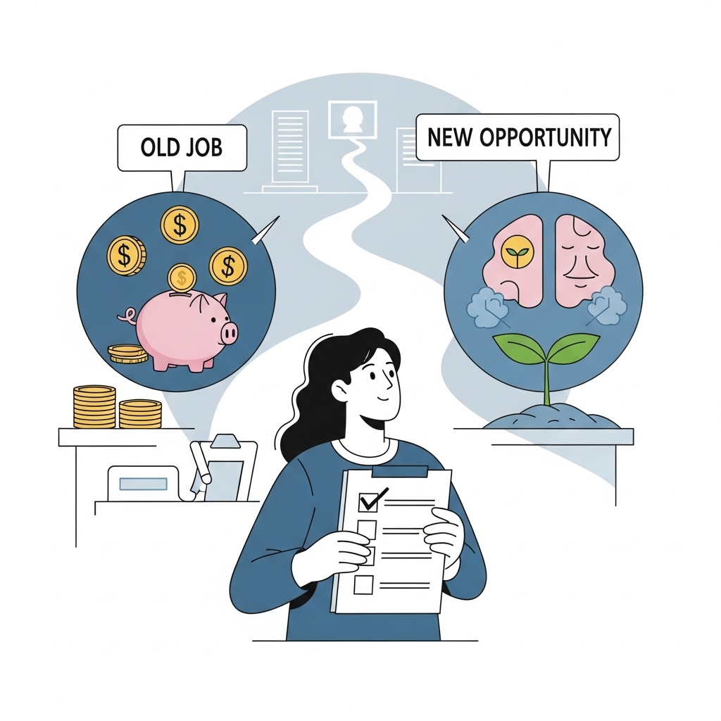 퇴사를 앞둔 사람이 재정, 심리, 행정적 준비를 상징하는 체크리스트를 들고 자신감 있게 새로운 길을 바라보는 모습. 돈과 안정적인 마음을 표현하는 요소들이 함께 그려져 있다.