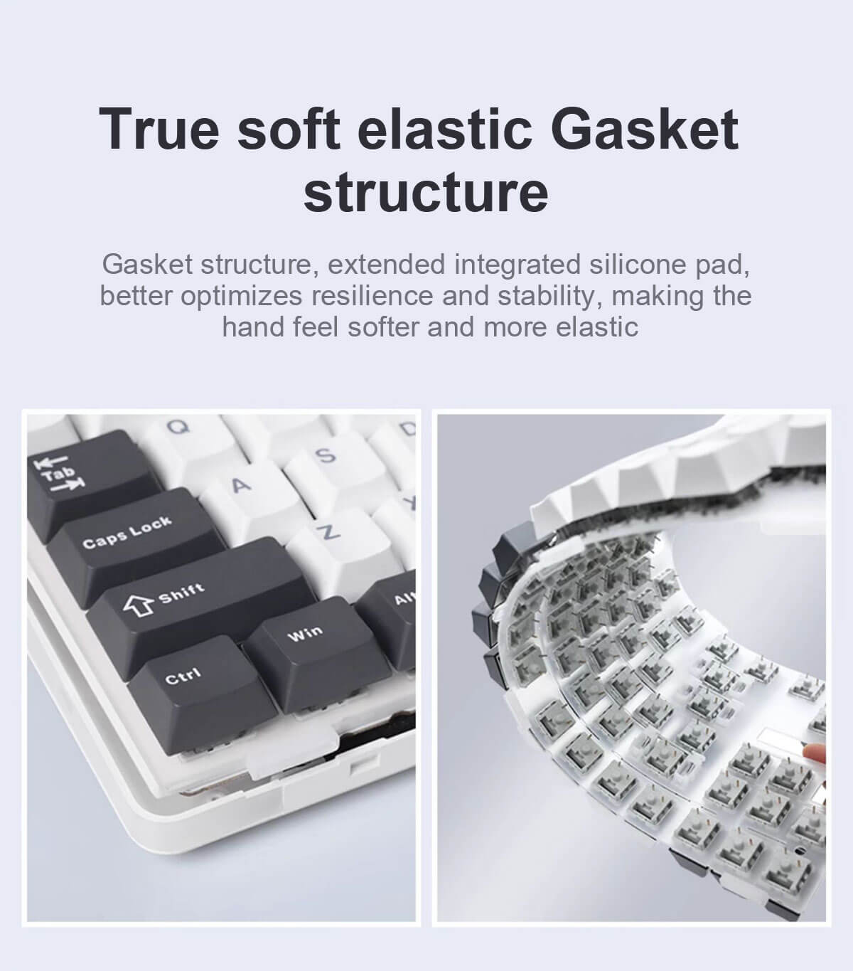 Gasket 구조와 실리콘 패드를 사용한 F87 키보드의 유연한 설계를 클로즈업으로 보여주는 이미지. 편안하고 안정적인 사용감을 전달