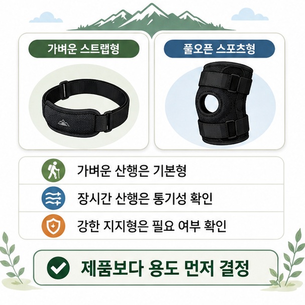 가벼운 당일 산행과 장거리 산행에서 필요한 무릎보호대의 두께와 통기성, 지지력이 달라질 수 있음을 보여 주는 그림