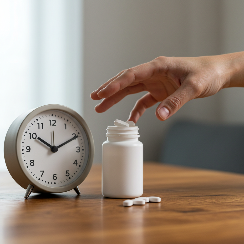 "나무 식탁 위에 놓인 약병과 시계를 배경으로, 약 먹는 것을 잊었다는 사실을 깨닫고 걱정스럽게 이마를 짚고 있는 사람의 옆모습"