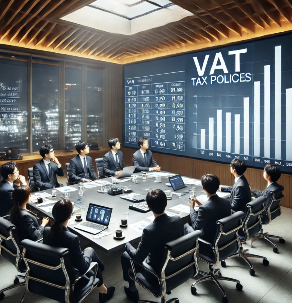 회의실에서 부가가치세 정책을 논의하는 비즈니스 전문가들