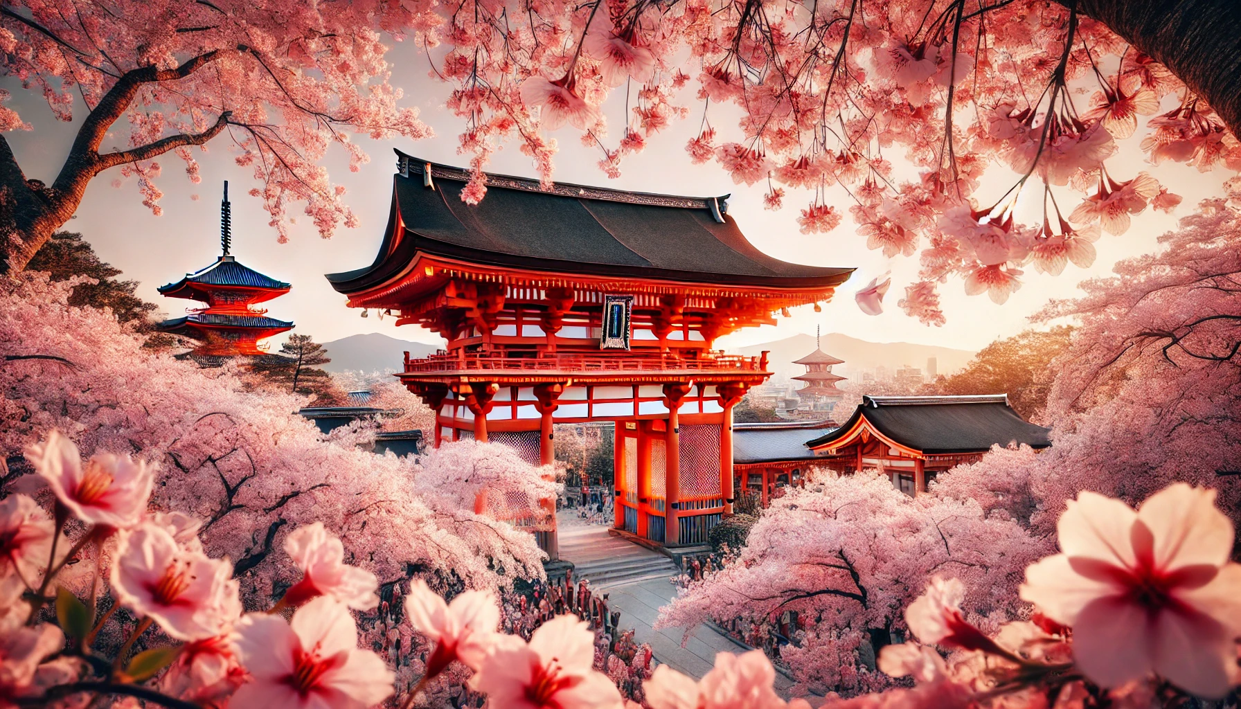 헤이안 신궁의 붉은 도리이와 벚꽃이 어우러진 장관