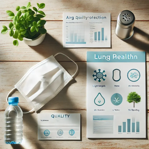 봄철 폐 건강 관리를 위한 물품(마스크, 물병, 공기질 브로셔 등) 정리
