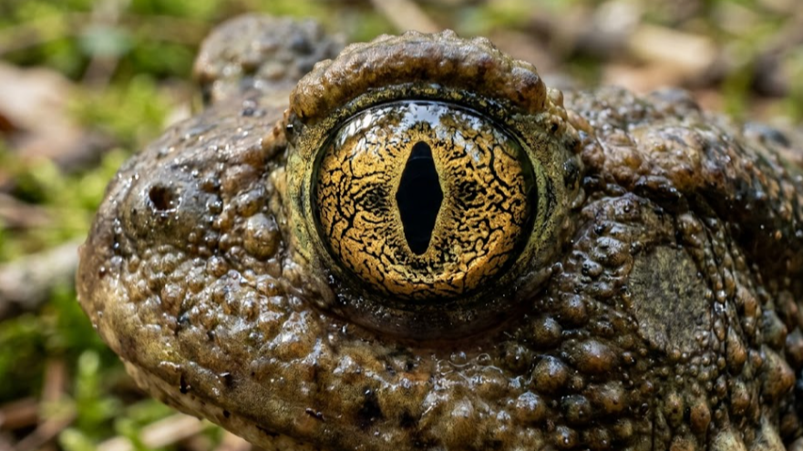 고도로 발달된 시각을 상징하는 두꺼비의 금색 눈동자 확대 사진
