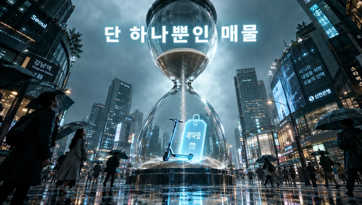 비 내리는 거리의 거대한 모래시계 안에 놓인 전동킥보드와 '예약중' 표시, 우산 쓴 행인들