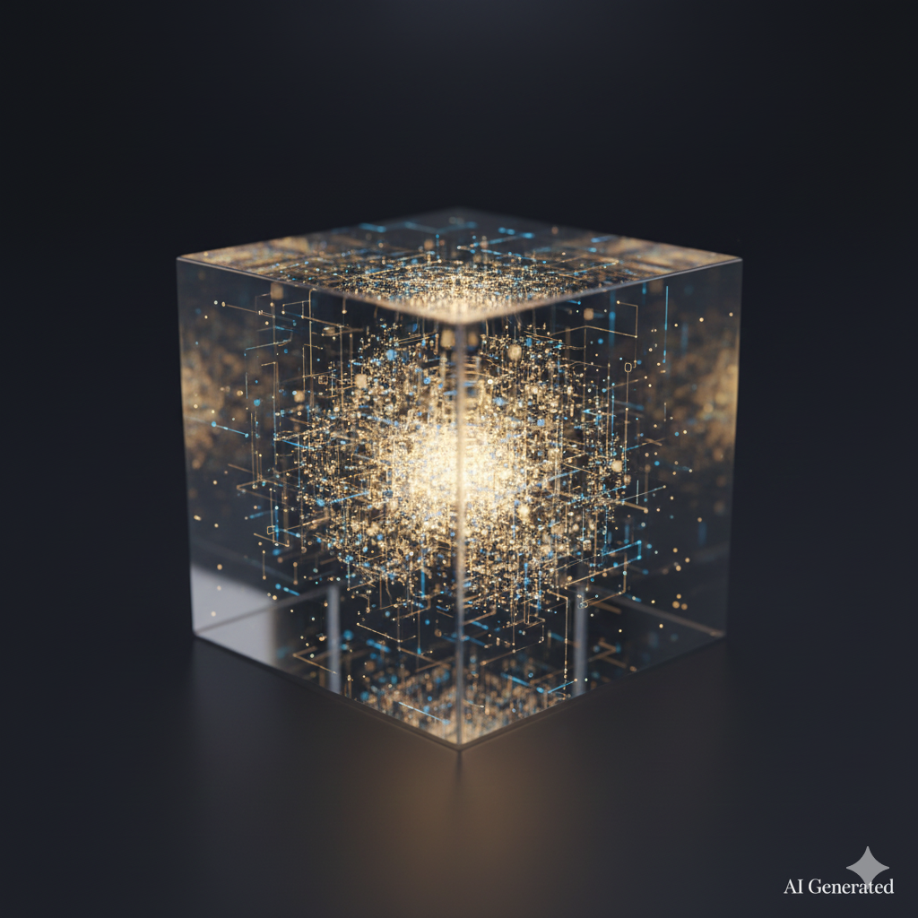 투명한 정육면체 안에서 수많은 빛의 점과 선들이 연결되어 중심을 이루는 모습으로, AI가 보이지 않는 곳에서 업무 흐름과 전문성을 조율하는 지능형 워크스페이스를 상징하는 이미지