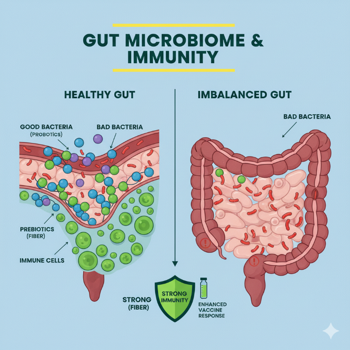 면역 세포와 장내 미생물이 그려진 개념도