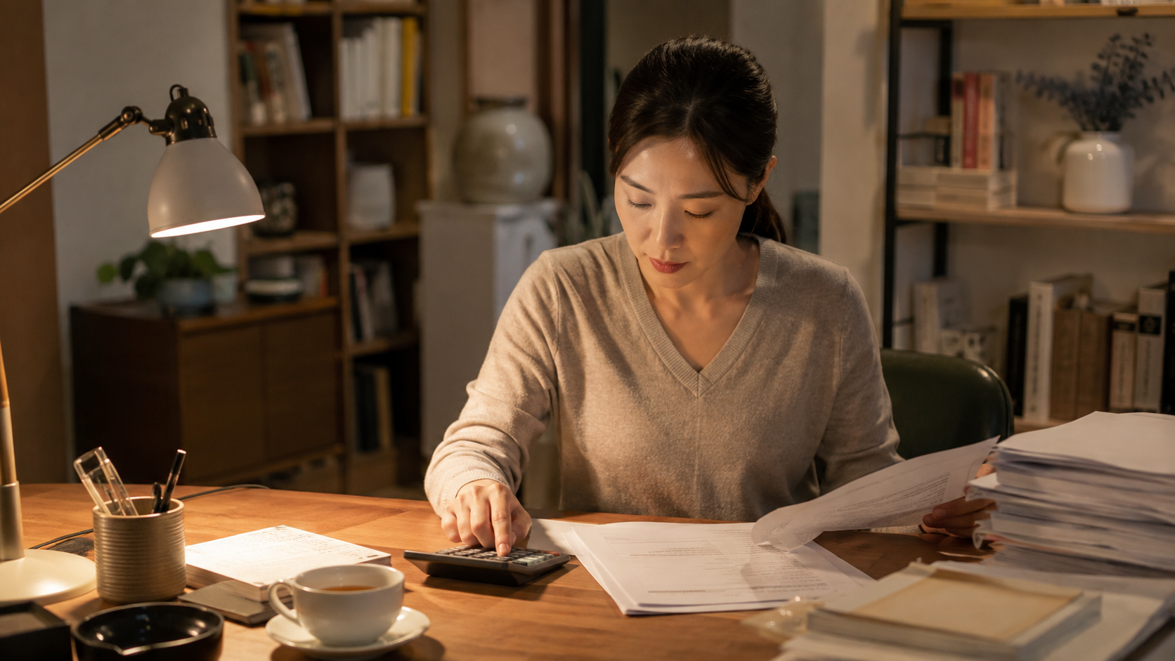 계산기와 서류로 세금 계산하는 직장인