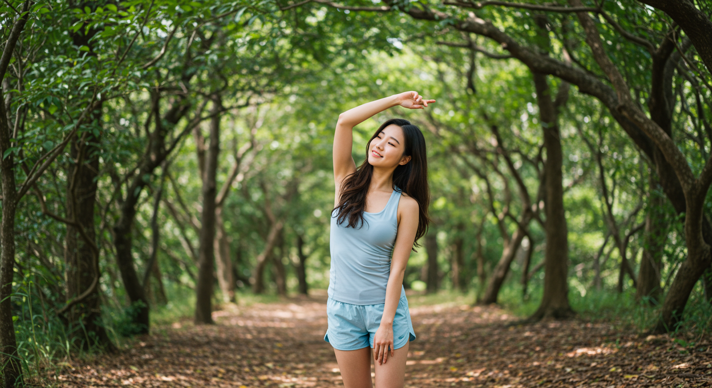 제주 숲길에서 스트레칭을 하며 혼자 힐링하는 한국인 여성