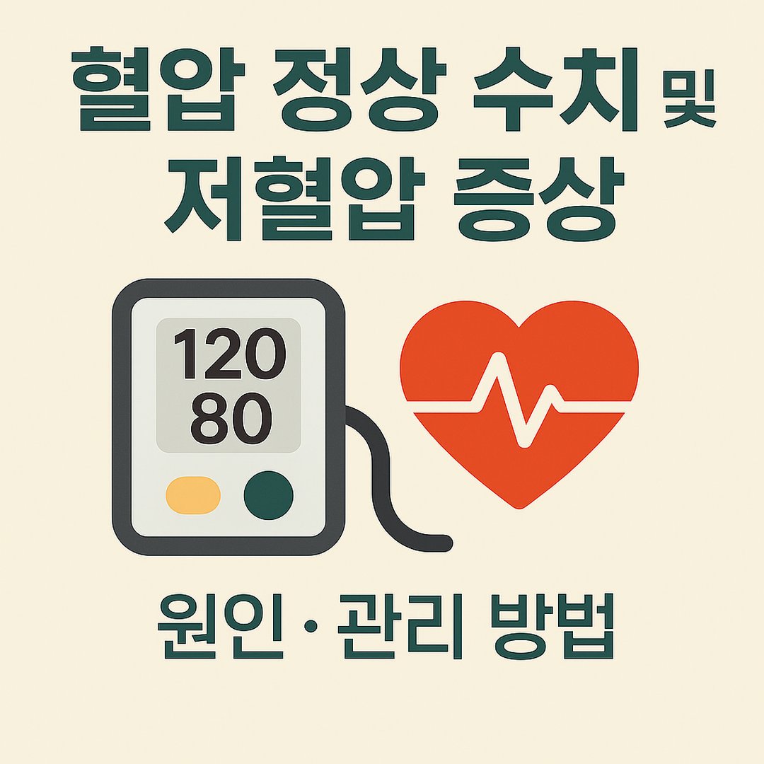 혈압 정상 수치와 저혈압 증상, 원인과 관리 방법을 설명하는 썸네일 이미지로, 혈압 측정기와 심장 아이콘이 포함되어 있습니다.
