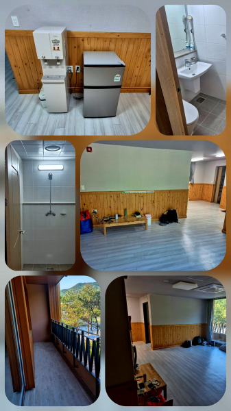 국립춘천숲체원 숙소 내부 모습 콜라주 (정수기, 냉장고, 욕실, 침구, 발코니 등)