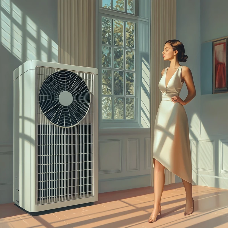 LG 에어컨의 UV 팬 살균 기능이 실행되는 모습, 세련된 실내와 부드러운 색감이 조화를 이룹니다. 팬 살균, 자동 청소, 실내 공기 소독.