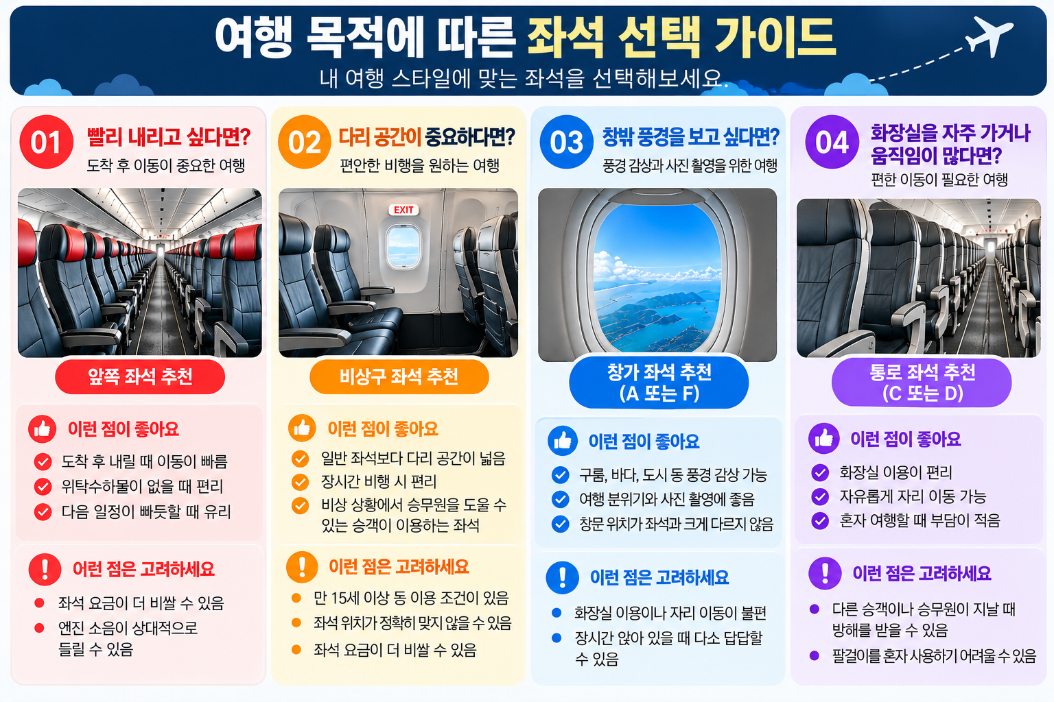 이스트 항공 좌석 앞쪽 &middot; 비상구 &middot; 창가 &middot; 통로 비교 이미지