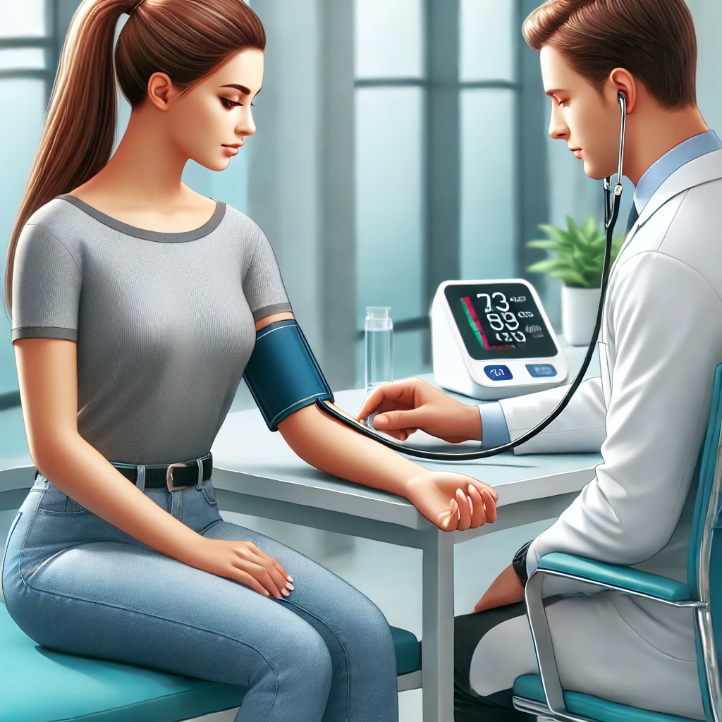 편안한 분위기에서 혈압을 체크하고 있는 20대 예쁜 여성