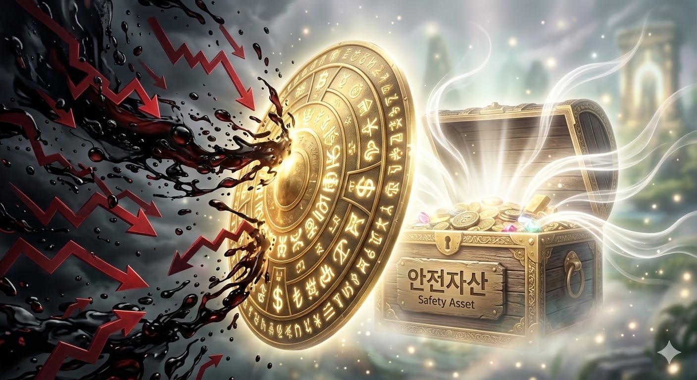 황금 방패가 유가 폭풍을 막아내고 있고, 그 뒤로 'Safety Asset'이라 적힌 보물상자가 빛나는 신비로운 이미지]