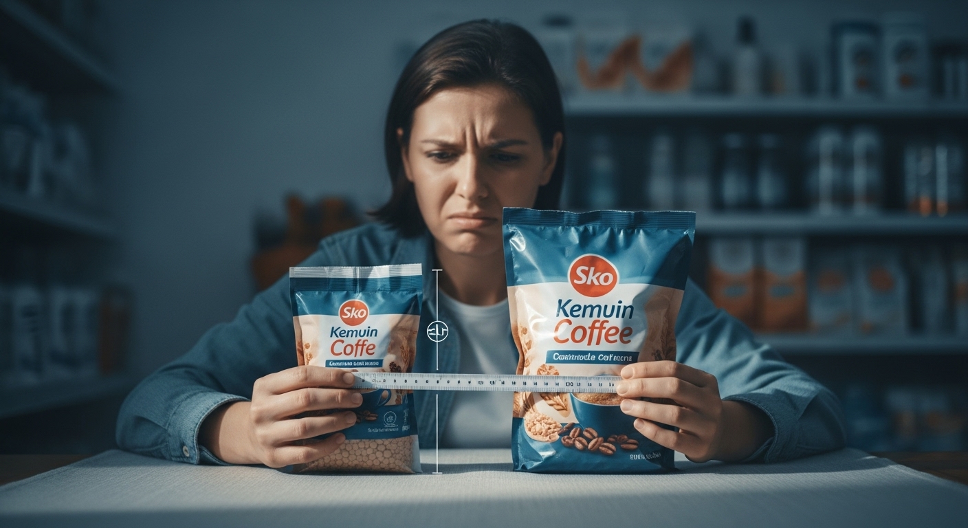 소비자가 용량이 줄어든 제품을 확인하며 혼란스러워하는 모습. 슈링크플레이션의 피해를 상징한다.