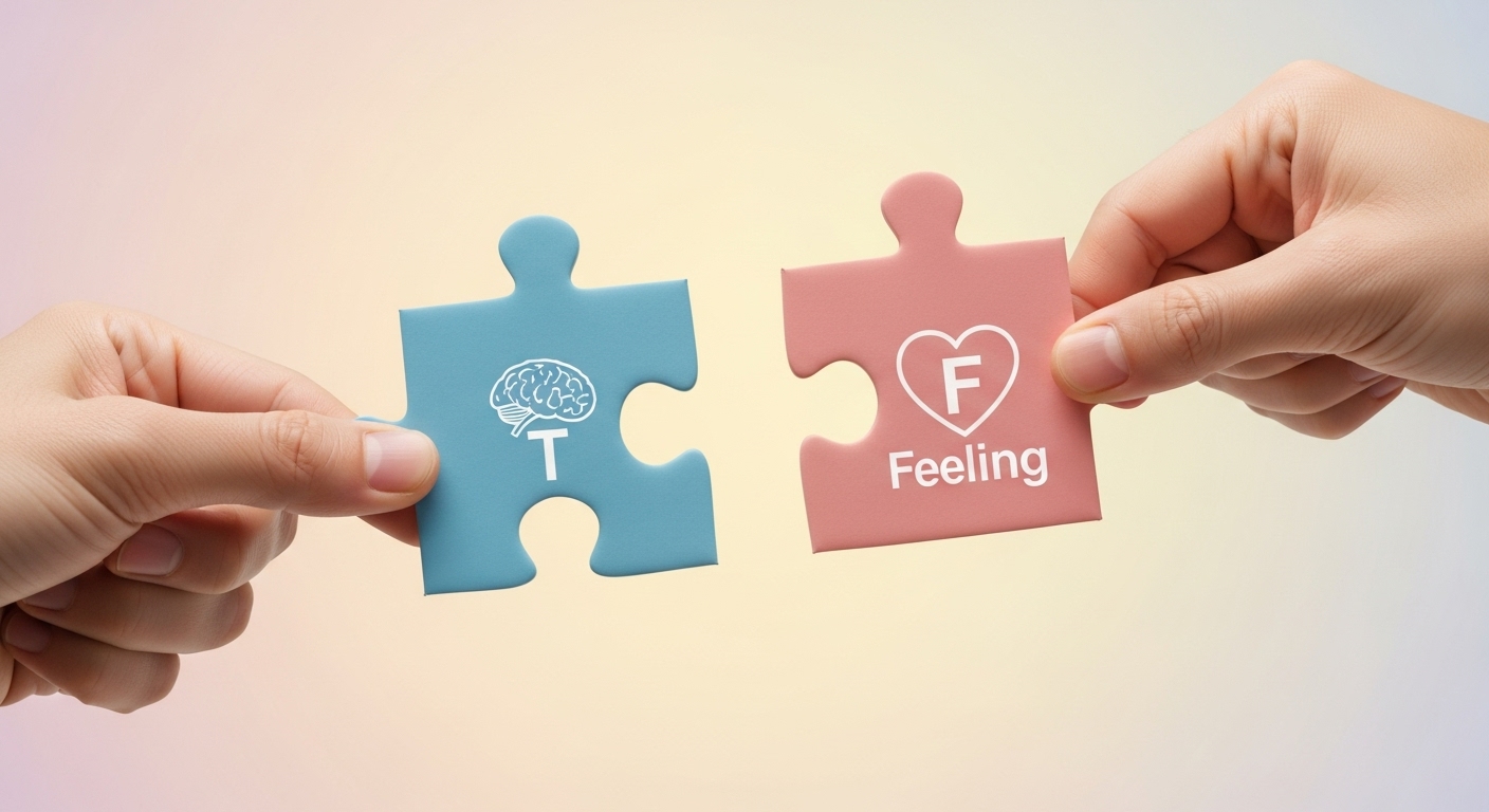 MBTI 궁합을 상징하는 이미지. 뇌 모양과 심장 모양의 퍼즐 조각이 부드럽게 맞춰지고 있으며, 관계의 이해와 화합을 의미한다.