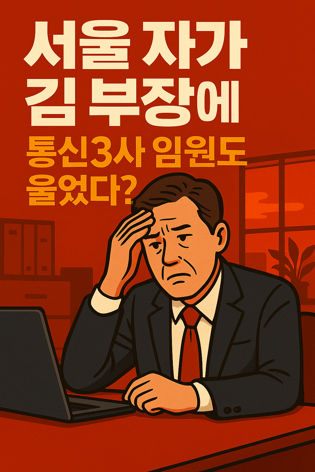 “JTBC 드라마 ‘서울 자가에 대기업 다니는 김 부장 이야기’ 속 중년 남자 부장이 통신사 사무실에서 고민하는 모습을 강조한 붉은 톤의 썸네일 이미지”