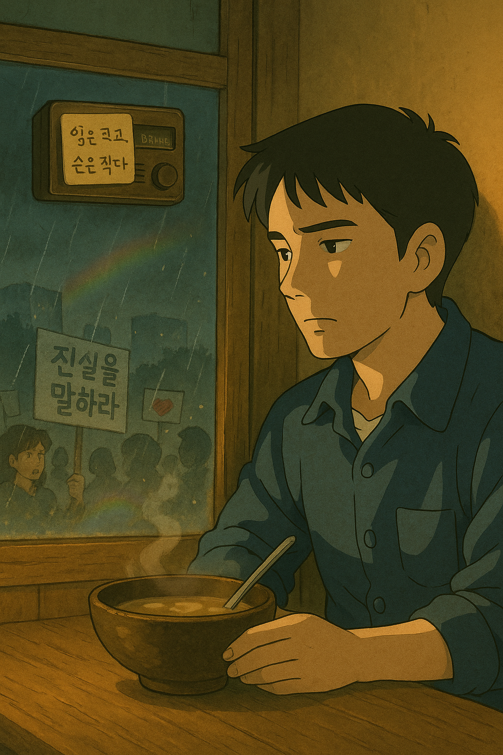 창가에 앉아 국밥을 앞에 둔 채 고요히 바깥을 바라보는 진오