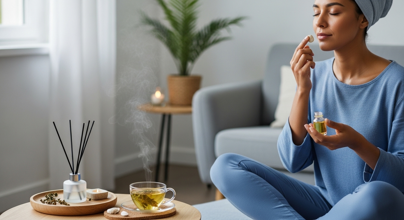 명상하거나 이너 뷰티 제품을 섭취하며 내면의 평화와 건강을 추구하는 사람의 모습. 정신적, 신체적 건강이 아름다움으로 이어진다는 웰니스 뷰티의 가치를 표현합니다.