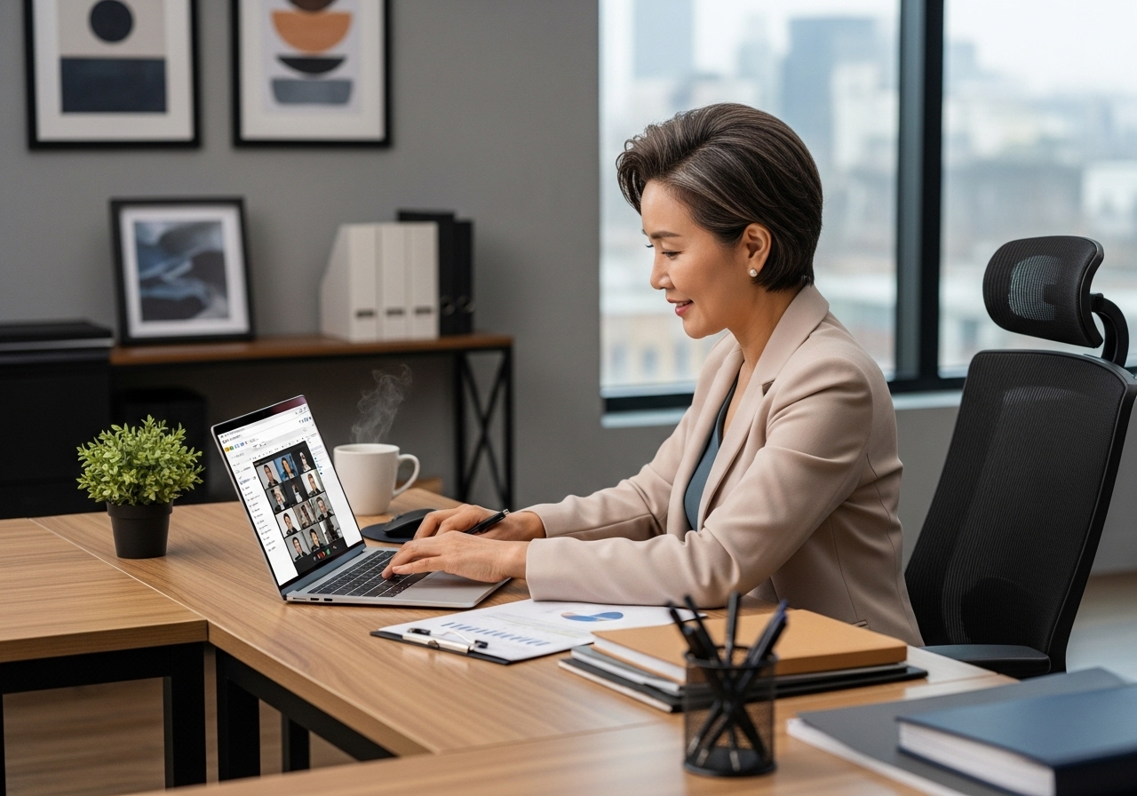 회의 내용을 정리하는 중년 여성