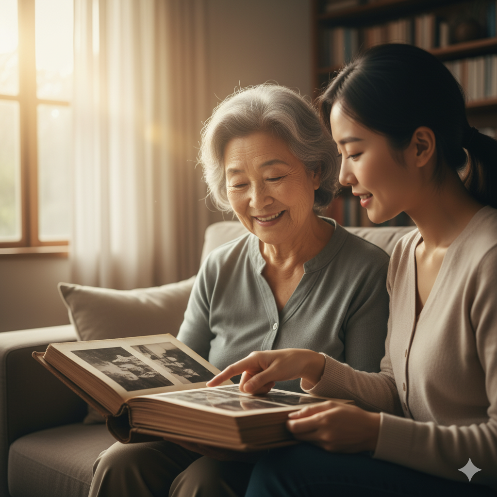 젊은이와 함께 옛날 사진첩을 보며 자신의 인생 이야기를 들려주는 행복한 표정의 어르신