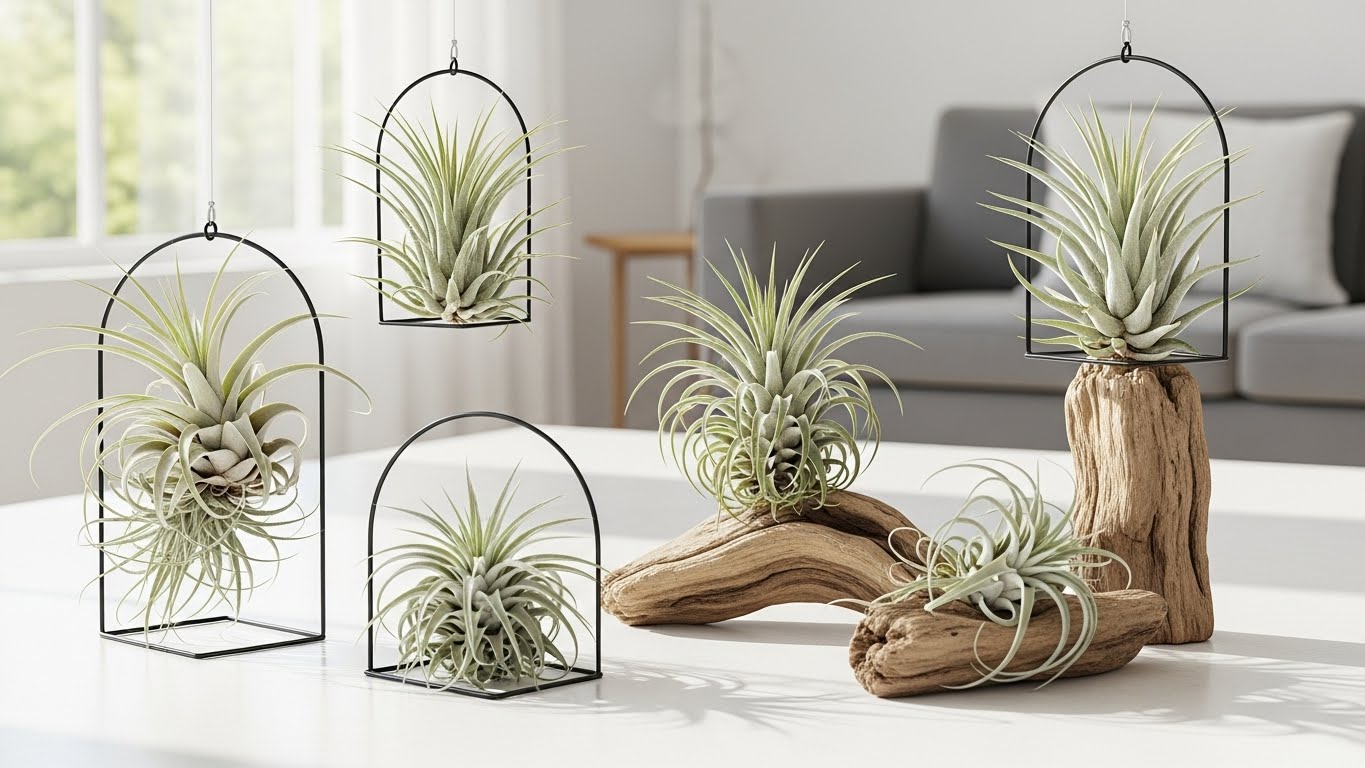 흙 없이 공중에 매달려 있거나 나무 오브제 위에 놓인 싱그러운 틸란드시아 이오난사와 제로그라피카가 세련된 실내 분위기를 연출하는 플랜테리어 이미지