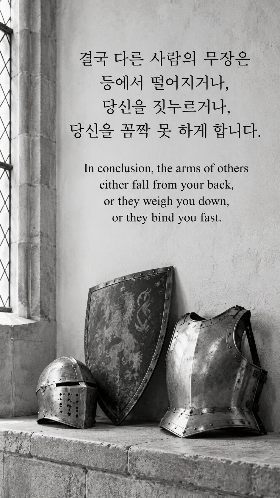 결국 다른 사람의 무장은 등에서 떨어지거나, 당신을 짓누르거나, 당신을 꼼짝 못 하게 합니다. — 돌 선반에 놓인 갑옷과 방패, 투구의 흑백사진