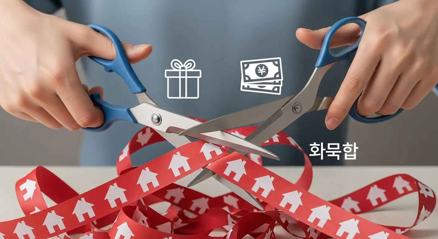 복잡하게 얽힌 실타래(2주택 규제)를, '증여'와 '매각'이라는 가위로 깔끔하게 잘라내는 상징적인 이미지