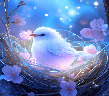 새 둥지 안에 작고 통통한 하얀 새가 앉아있다. 주변엔 분홍색 꽃들이 피어있다.