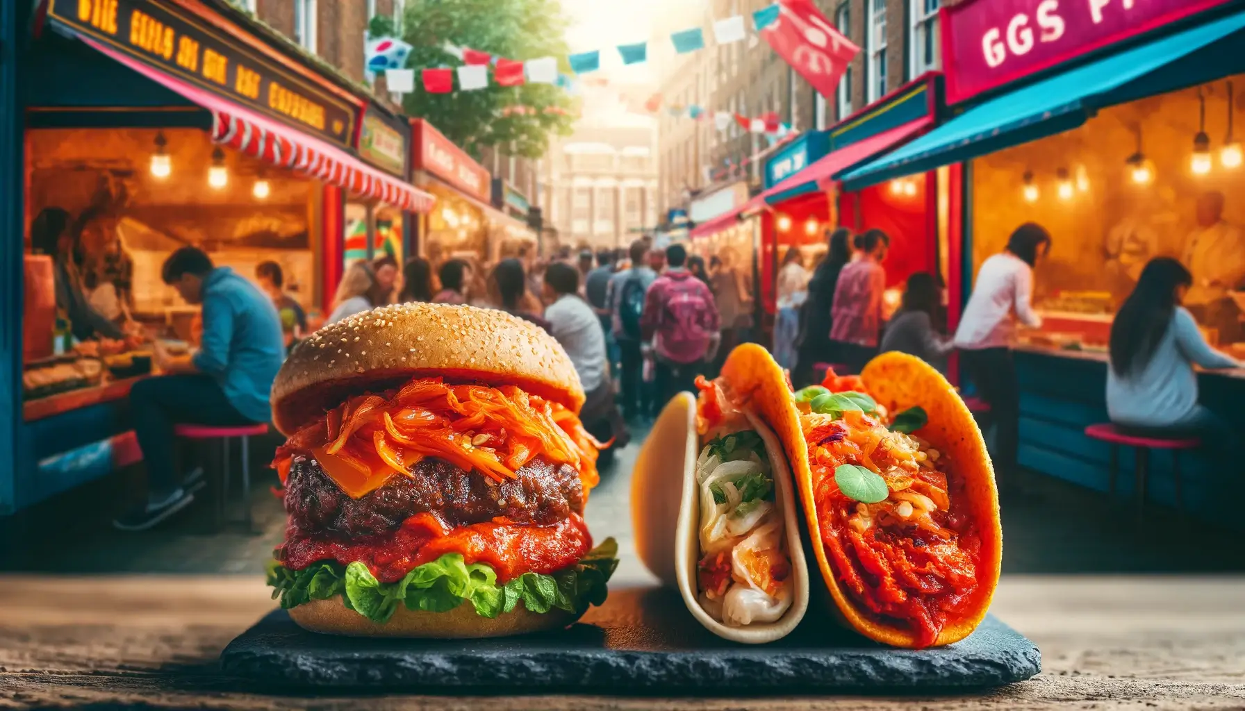 a kimchi burger and a kimchi taco