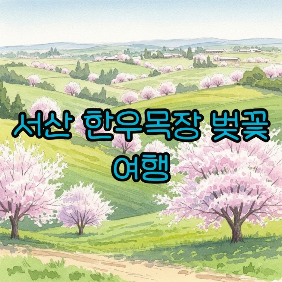 초록빛 구릉 위로 분홍색 벚꽃이 핀 목장 풍경