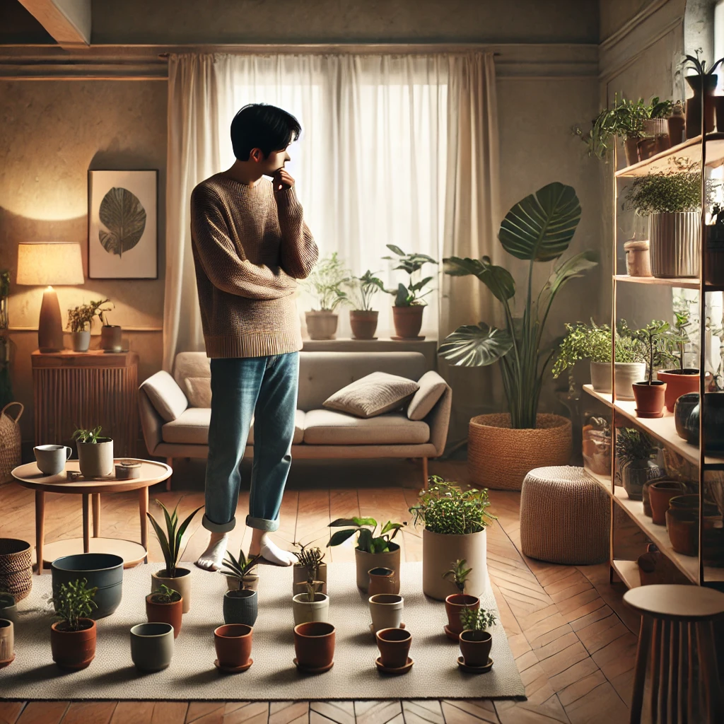 반려식물 주인이 화분을 보며 고민하고 있다.