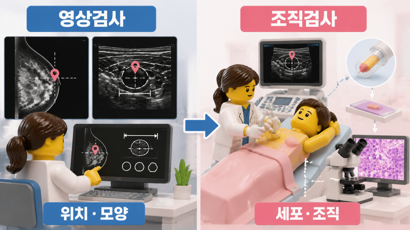 유방 영상검사의 위치&middot;모양 확인과 조직검사의 세포&middot;조직 확인 역할 비교