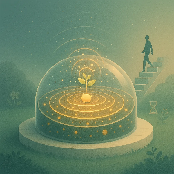 복리 성장이 나이테처럼 확장되는 유리 돔 속 저금통과 나선형 계단 일러스트