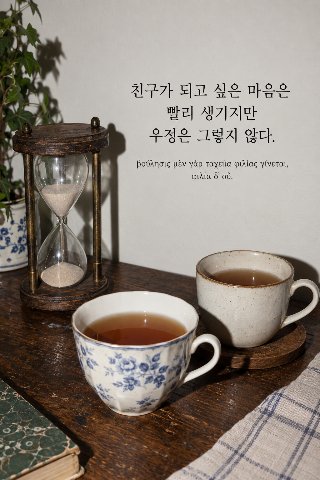 아리스토텔레스 명언 27 — 친구가 되고 싶은 마음은 빨리 생기지만 우정은 그렇지 않다. — 온카메라 플래시 스냅
