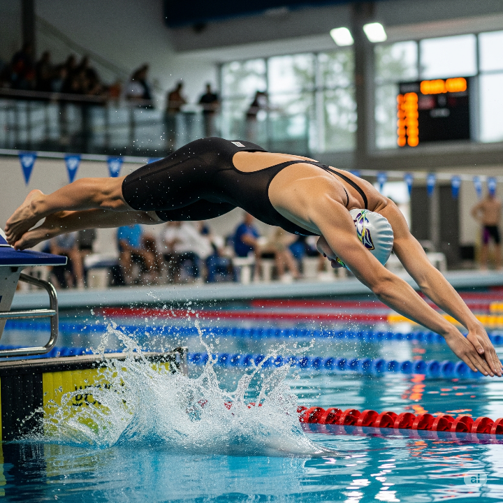 수영 선수가 출발 신호에 맞춰 물속으로 뛰어드는 역동적인 모습